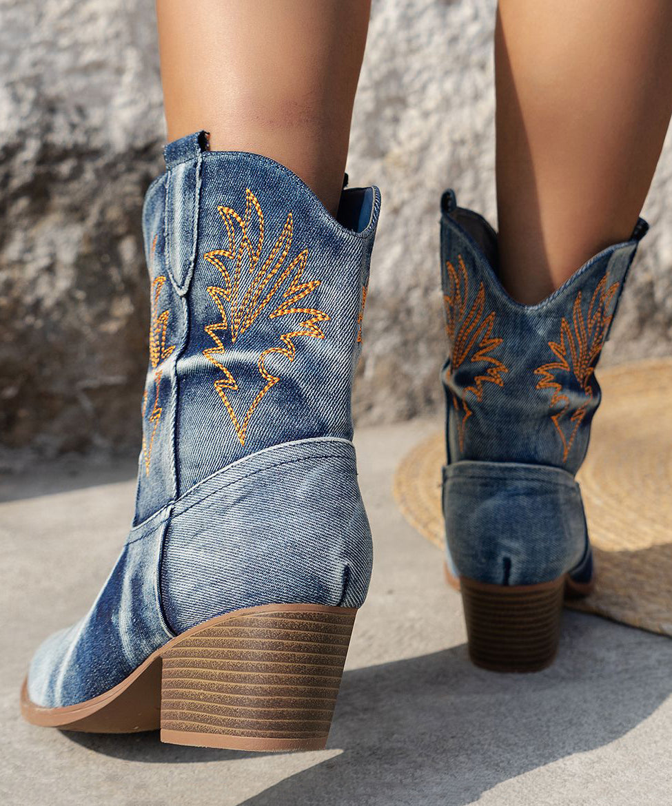 Art Blue Embossed Boots Splicing Chunky Cowboy Boots