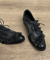 Original Design Black Ruffled Lace Up Splicing Flat Feet Shoes