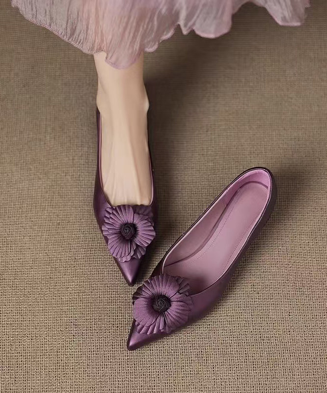 Classy Sheepskin Floral Splicing Purple Flat Shoes Pointed Toe