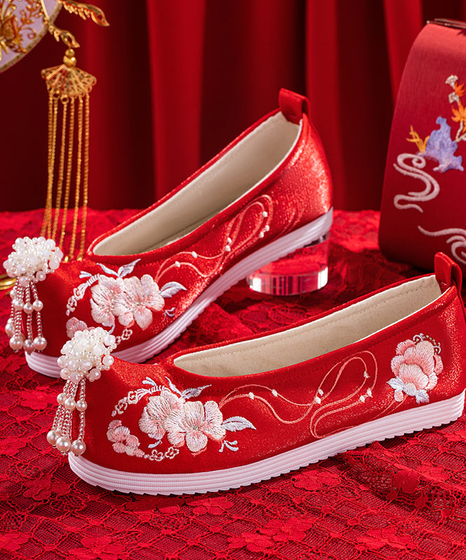 Wedding Flat Shoes For Red Embroideried Cotton Fabric