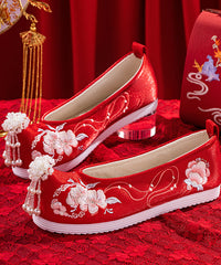 Wedding Flat Shoes For Red Embroideried Cotton Fabric