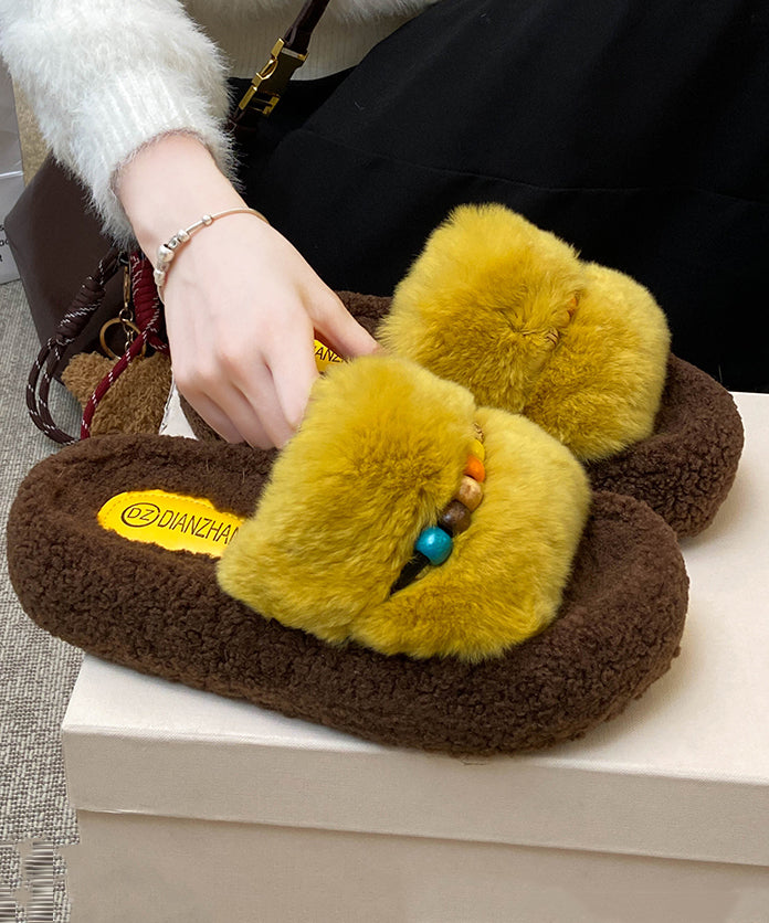 Yellow Fuzzy Fur Fluffy Warm Slippers Shoes Splicing Peep Toe