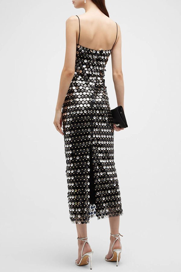 Sequined Halter-neck Backless Slim Fit Slit Midi Dress