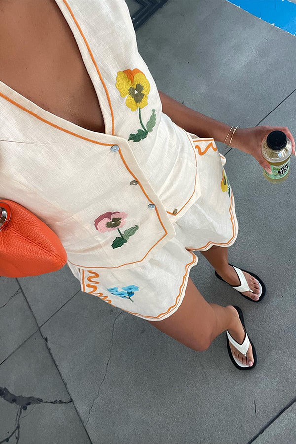 Flower Printed Linen Blend Button Vest and Elastic Waist Pocketed Shorts Set