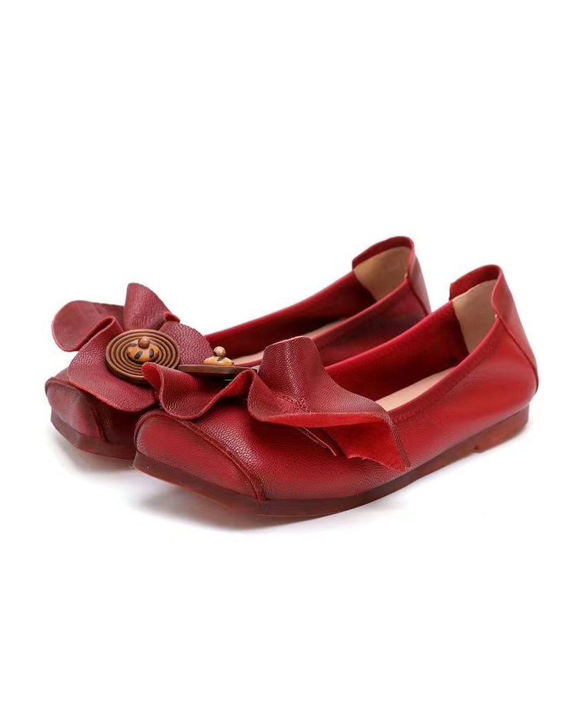 Red Flat Shoes For Cowhide Leather Boho Splicing Floral