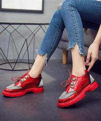 Red Faux Leather Zircon Lace Up Splicing Flat Feet Shoes