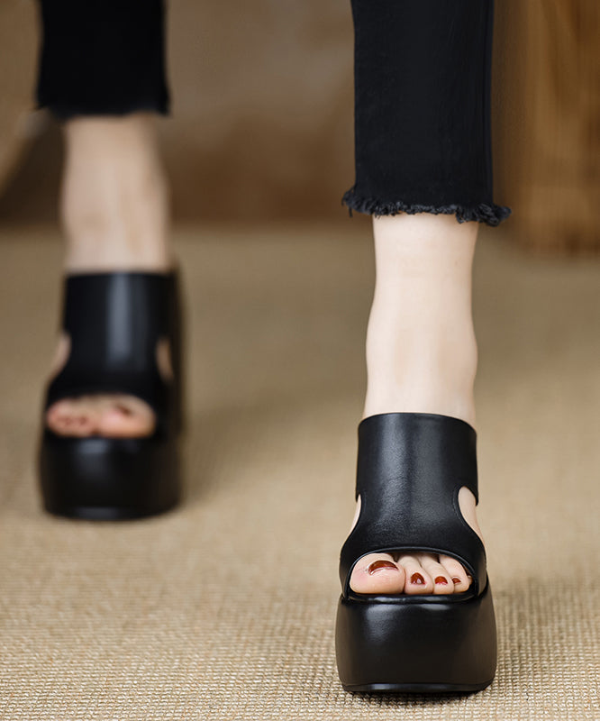 Stylish Wedge Heels Black Cowhide Leather Slide Sandals