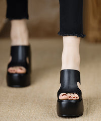 Stylish Wedge Heels Black Cowhide Leather Slide Sandals