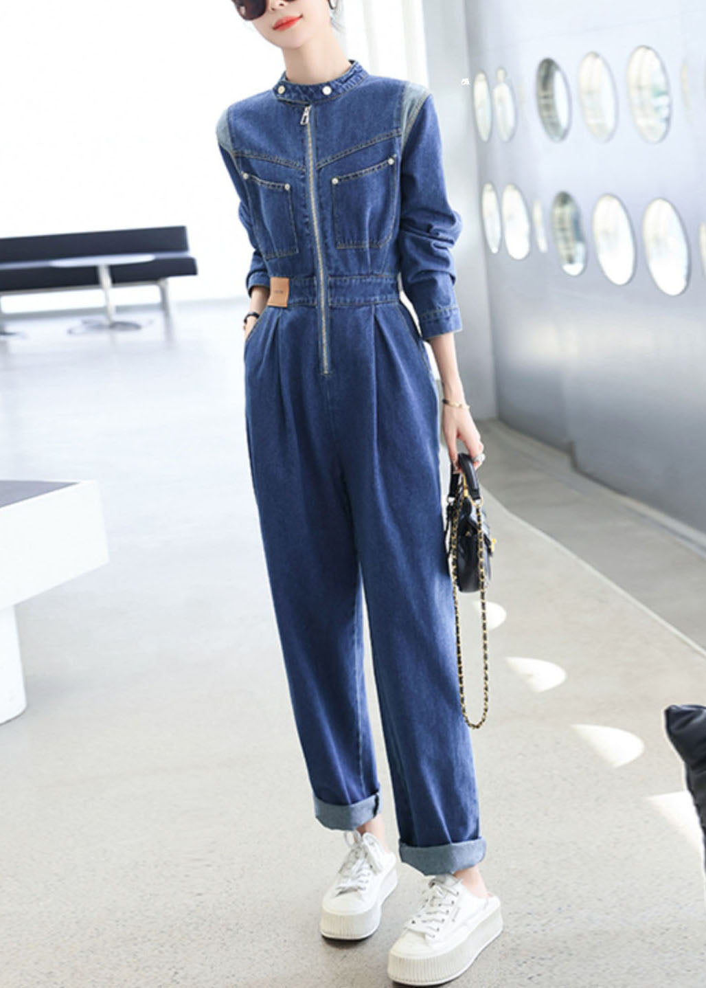 Natural Dark Blue O-Neck Patchwork Flattering Denim Jumpsuit Fall