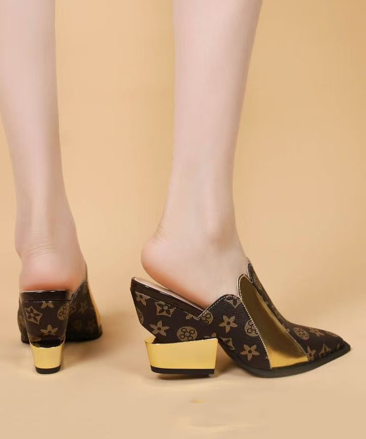 Colorblock Splicing Wedge Cowhide Leather Slide Sandals Pointed Toe