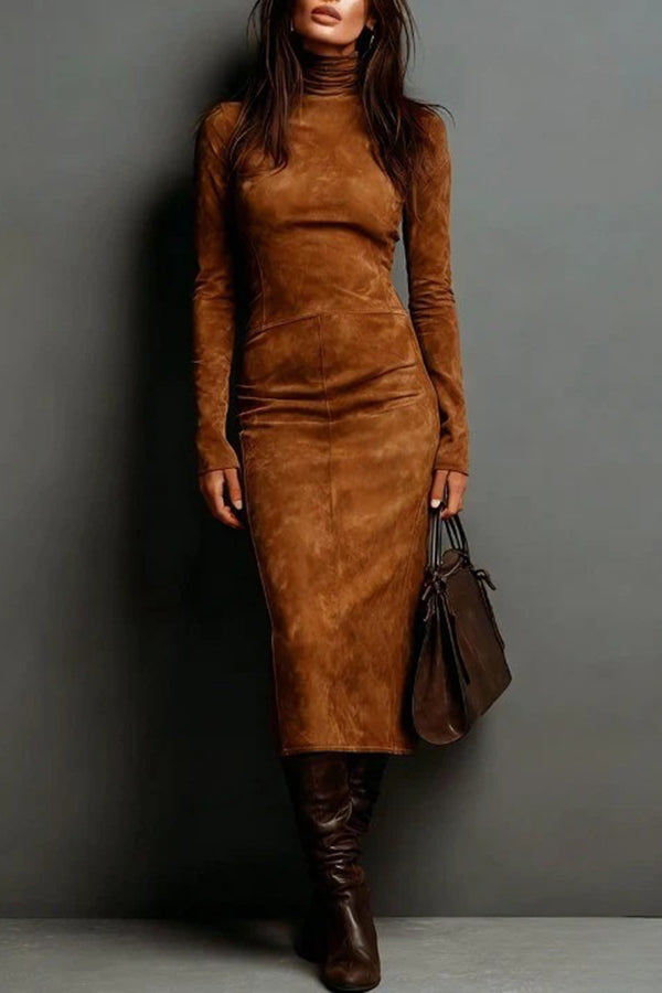 High-neck Long-sleeved Slim-fit Midi Dress