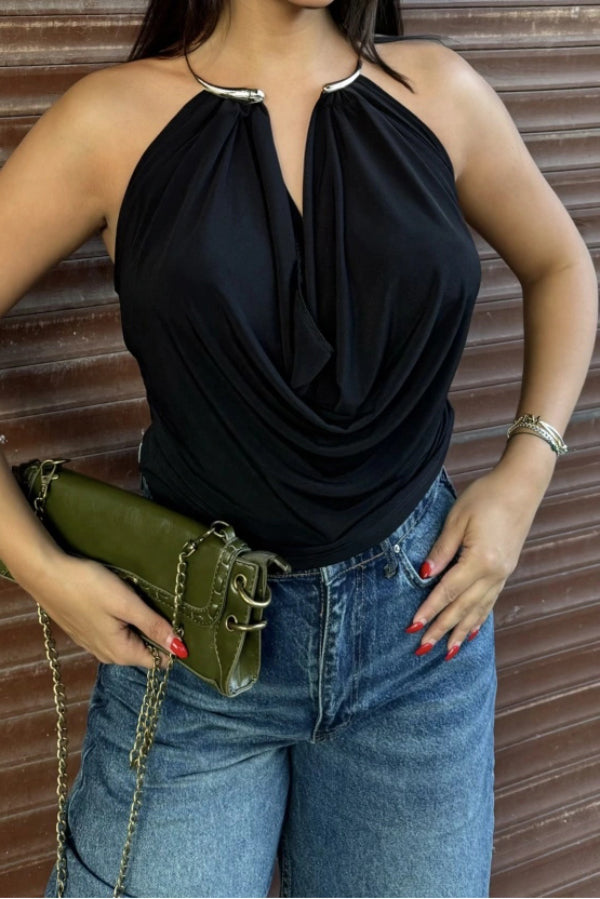 Metal Ring Halter Neck Backless Draped Sleeveless Top