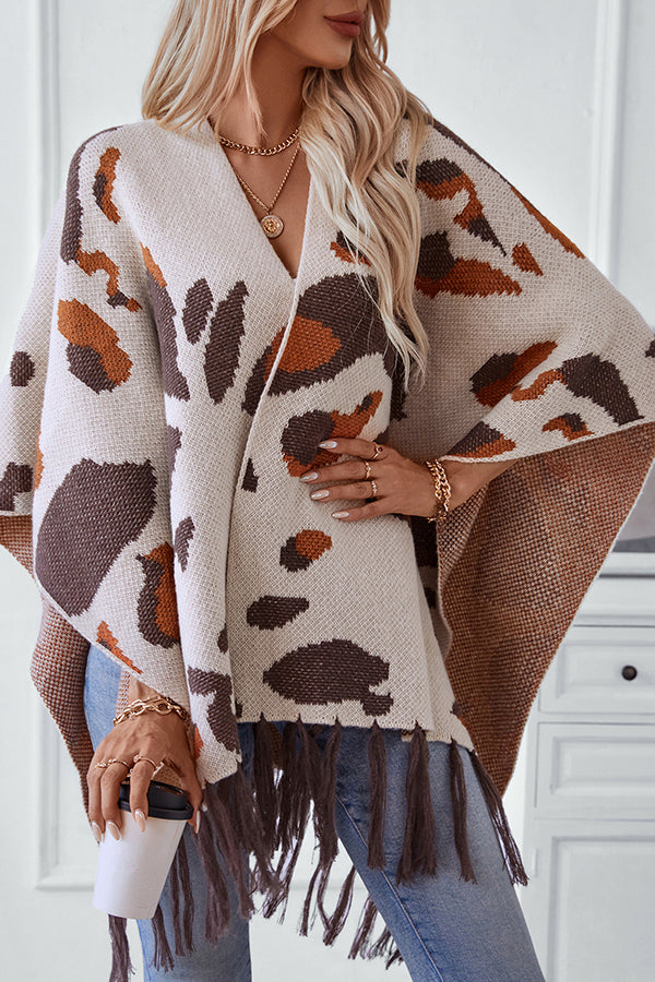 Leopard Print Contrast Tassel Hem Loose Knitted Shawl
