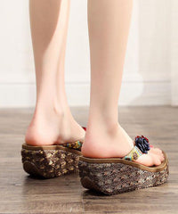Brown Splicing Floral Holiday Thong Sandals Platform
