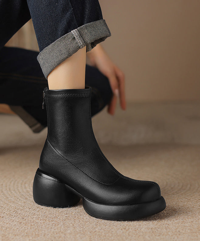 Simple Black Zippered Splicing Chunky Boots