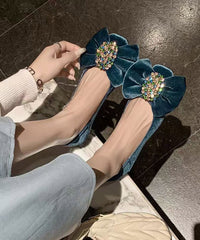 Blue Flat Feet Shoes Velour Chic Splicing Bow Zircon