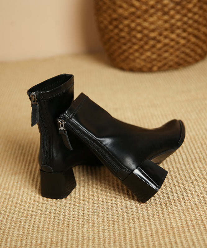 Black Faux Leather Chunky Heel Boots Splicing Zippered