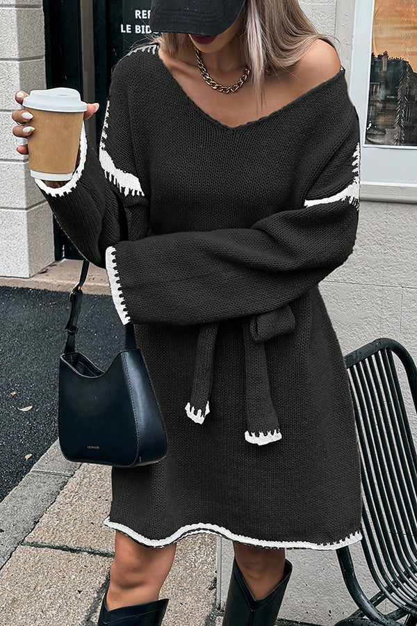 Loose-fitting Long-sleeved Tie-waist Knit Mini Dress
