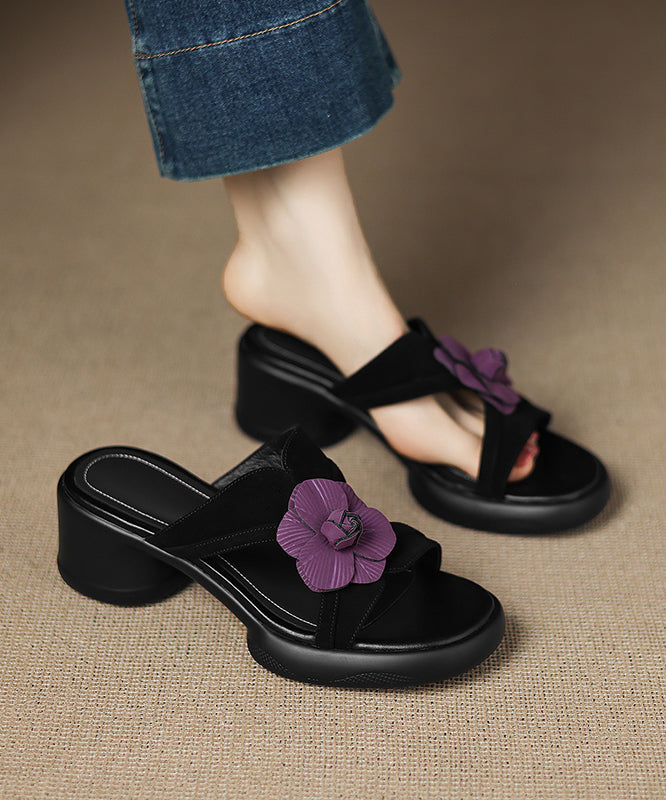 Black Suede Floral Splicing Slide Sandals Peep Toe