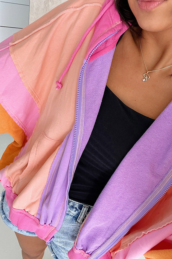 Fresh Color Matching Loose Casual Hooded Jacket
