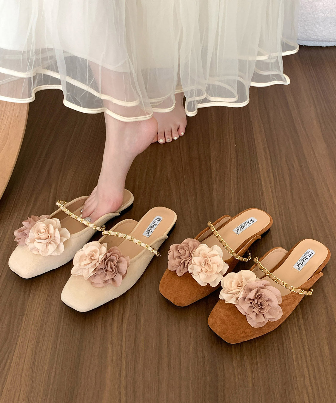 Beige Floral Suede Retro Splicing Slide Sandals