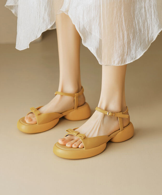 Yellow Cowhide Leather Splicing Bow Platform Sandals Peep Toe