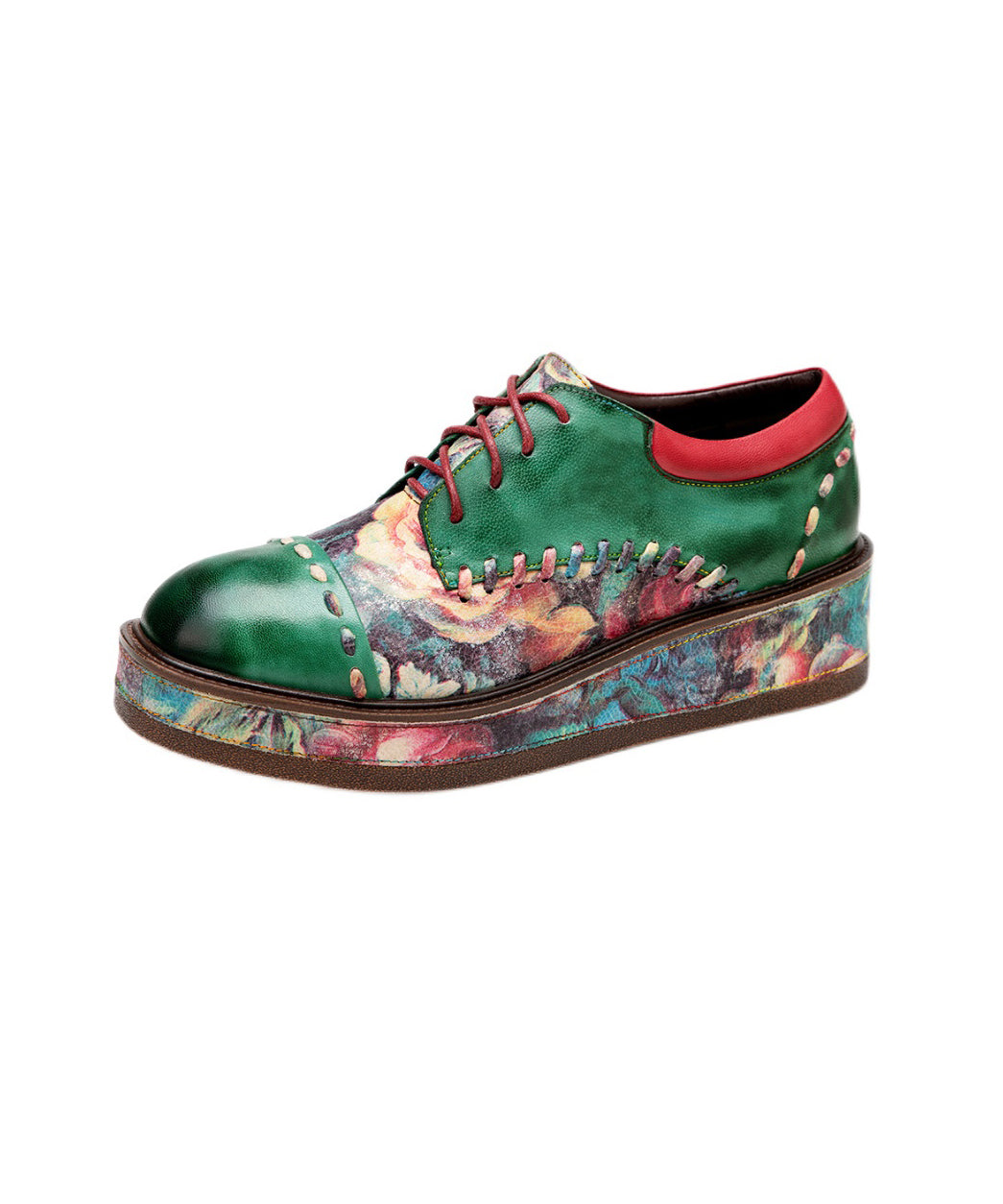 Green Sheepskin Boho Lace Up Embossed Platform Shoes