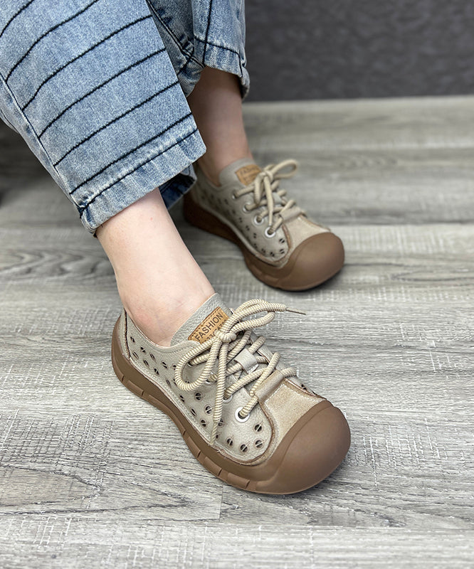Beige Hollow Out Lace Up Splicing Platform Flat Feet Shoes