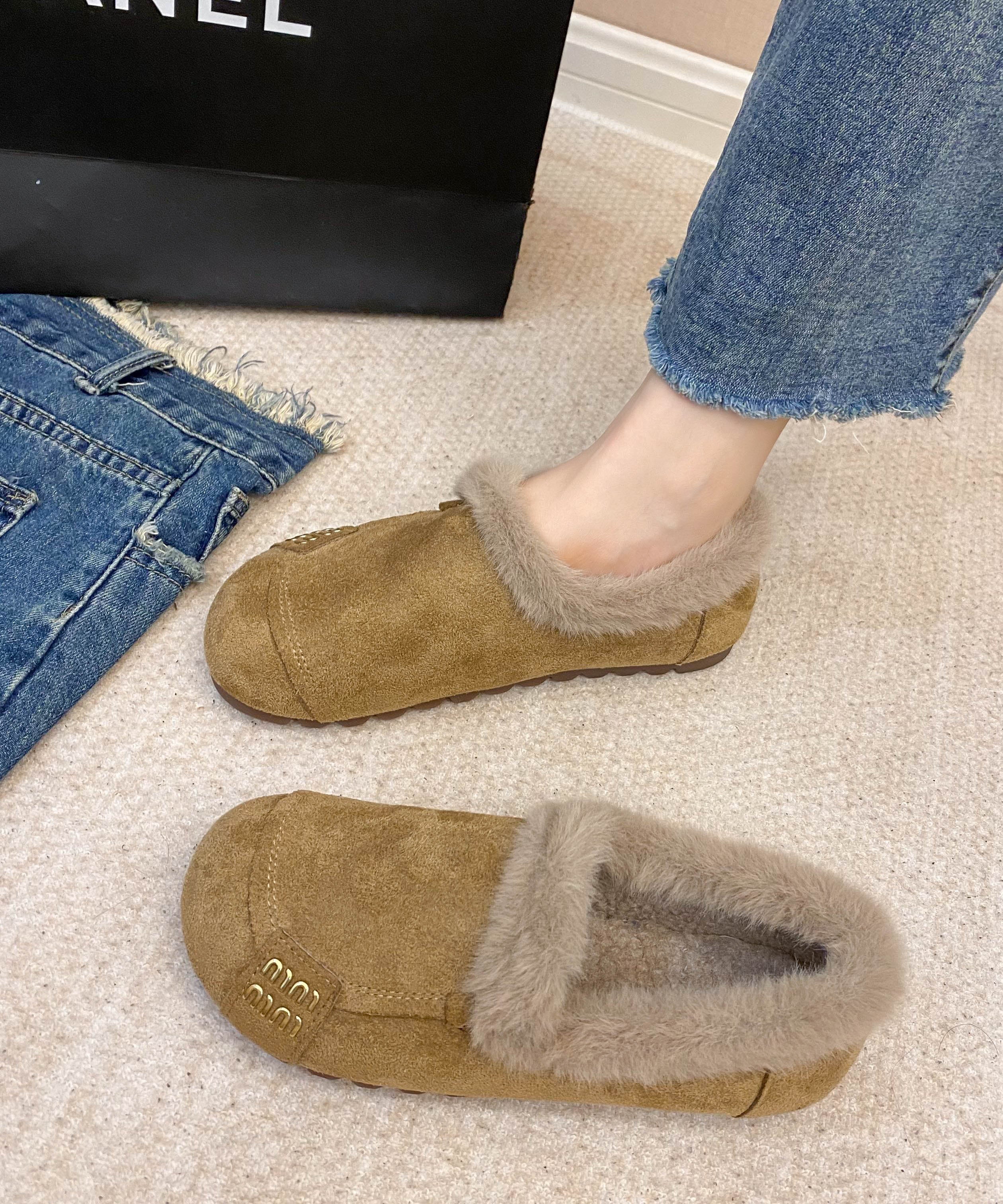 Khaki Suede Splicing Cozy Warm Flats