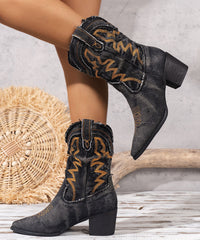 Vintage Black Embossed Boots Splicing Cowboy Chunky Boots