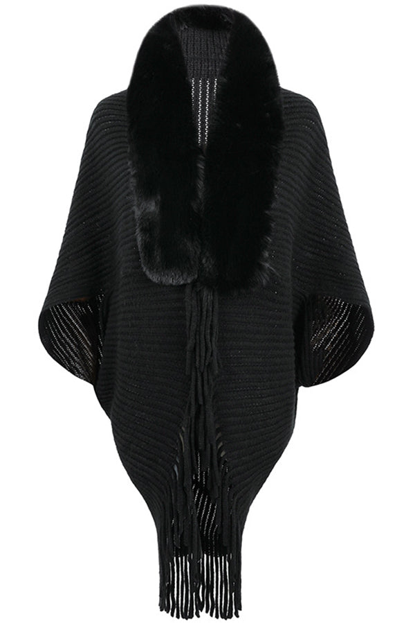 Fur Collar Tassel Hem Knitted Shawl Cape