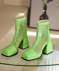 Green Faux Leather Thin Boots Splicing Tulle