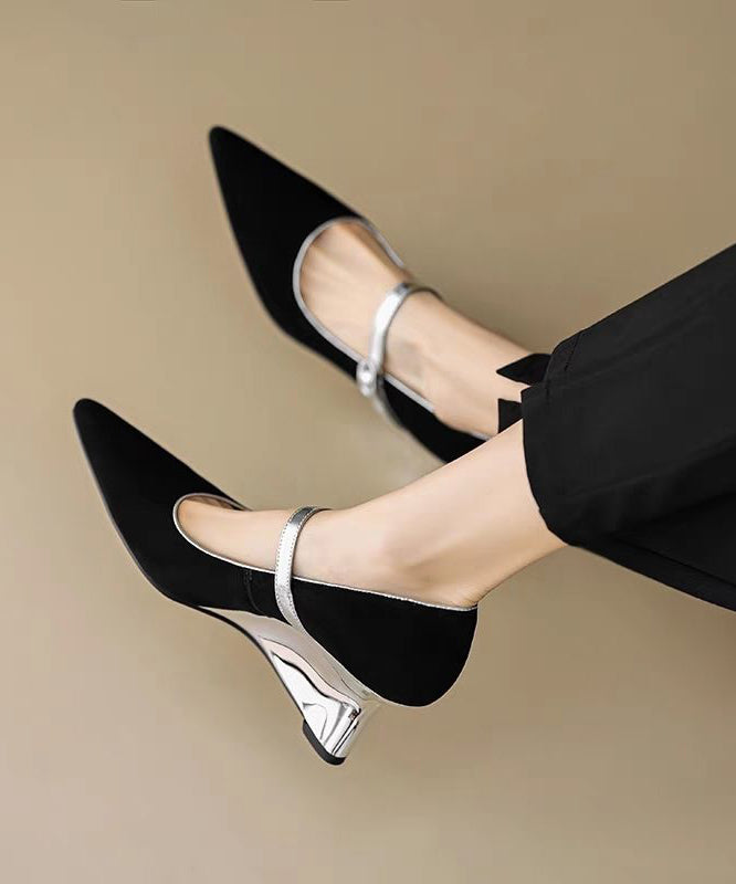 Black Wedge Heels Shoes Suede Fitted Splicing Buckle Strap