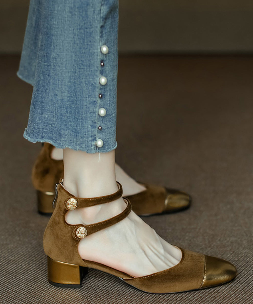 Women Champagne Velour Splicing Cowhide Leather Chunky Sandals