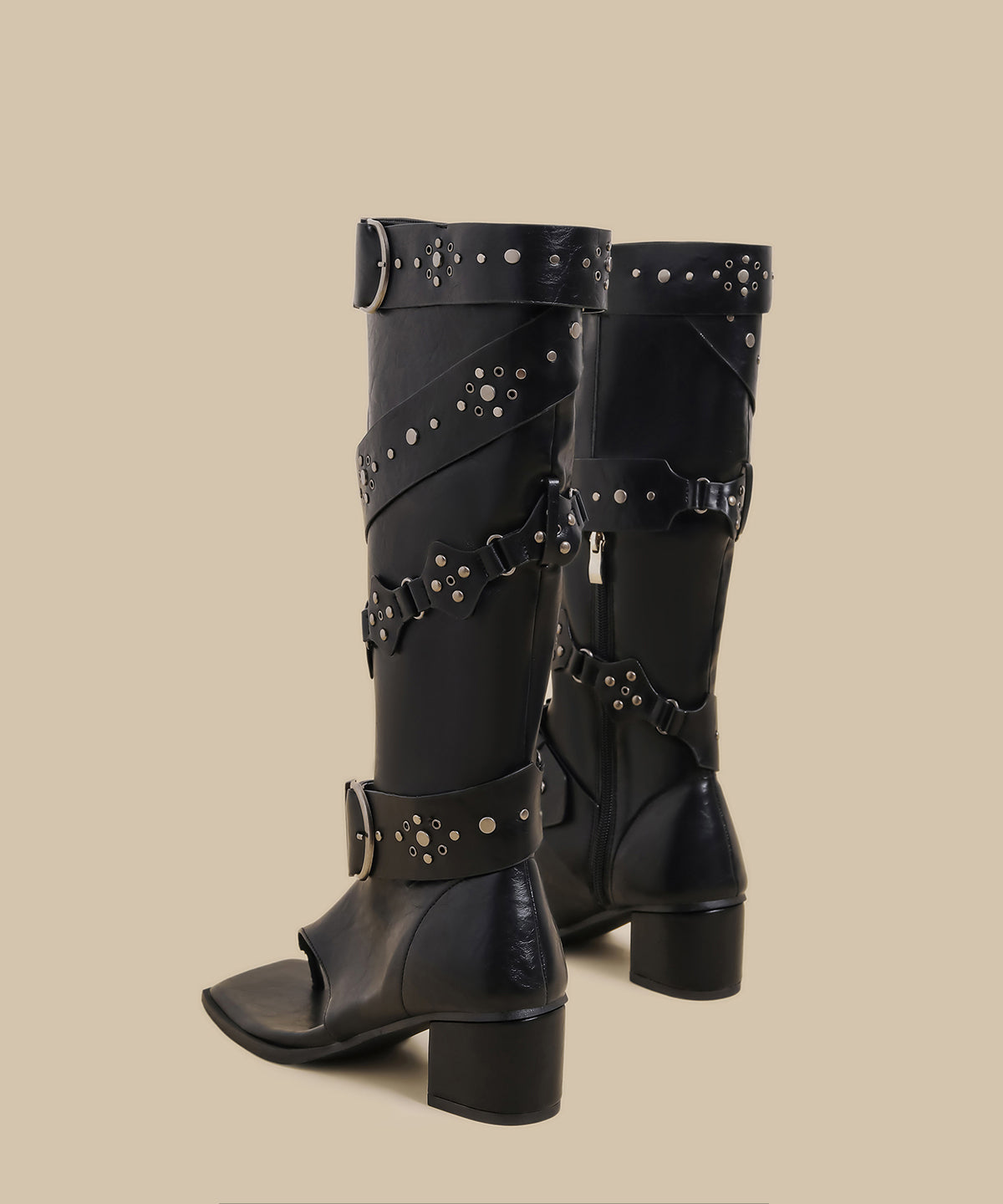 Unique Splicing Chunky Flip Flops Boots Black Faux Leather Rivet