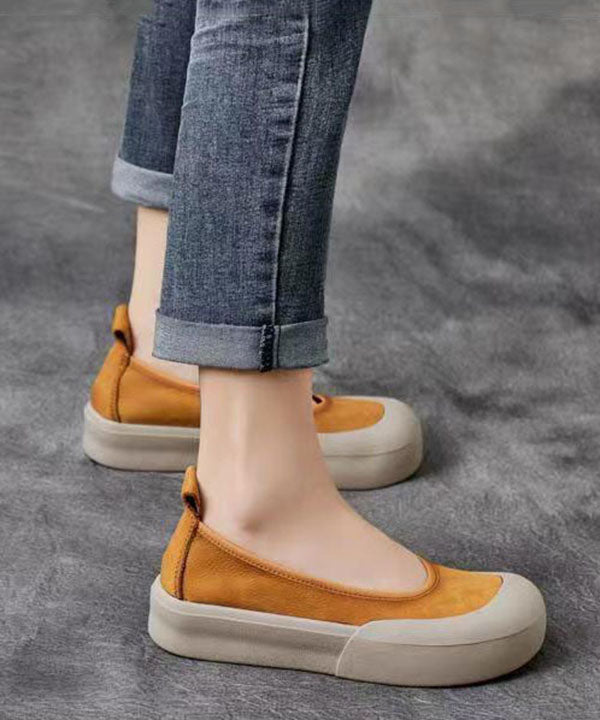 Comfy Yellow Cowhide Leather Splicing Flat Shoes