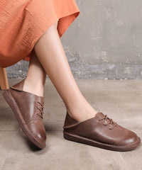 Coffee Cowhide Leather Flats Lace Up Flats