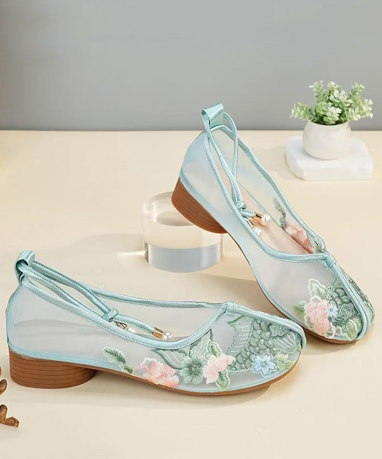 Comfy Green Breathable Mesh Flat Shoes Embroidered