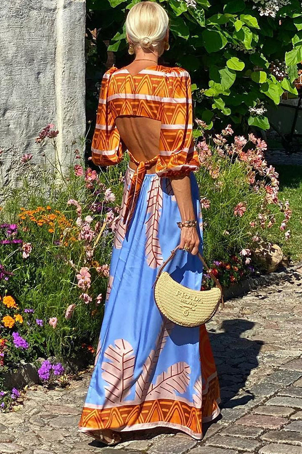 Boho Style Unique Printed Backless Strappy Maxi Dress