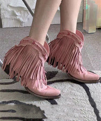 Boho Splicing Chunky Boots Embroidered Pink Faux Leather