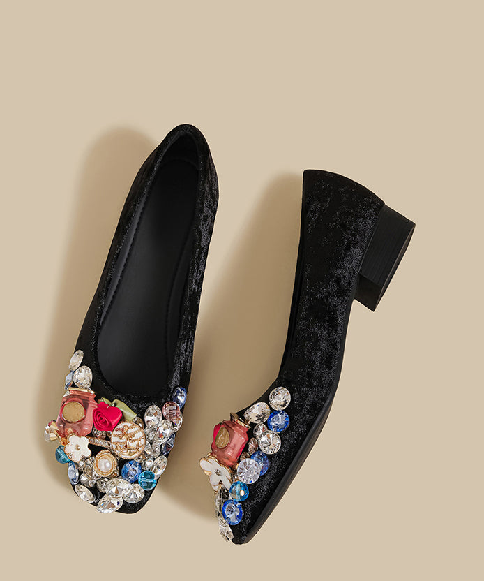 Black Faux Leather Boutique Zircon Splicing Flats Shoes