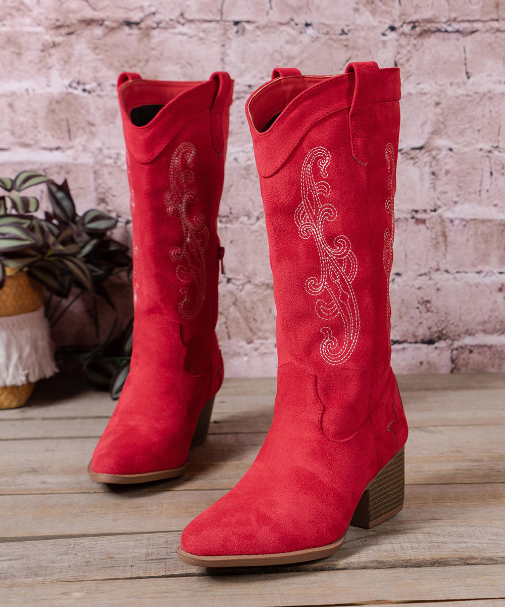 Purple Embossed Zippered Boots Chunky Suede Pointed Toe Boots