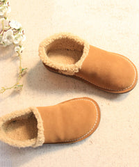 Fine Cowhide Leather Flat Shoes For Khaki Fuzzy Wool Lined Flat Feet Shoes