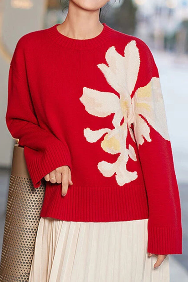 Color-blocked Floral Loose Long-sleeved Knit Sweater