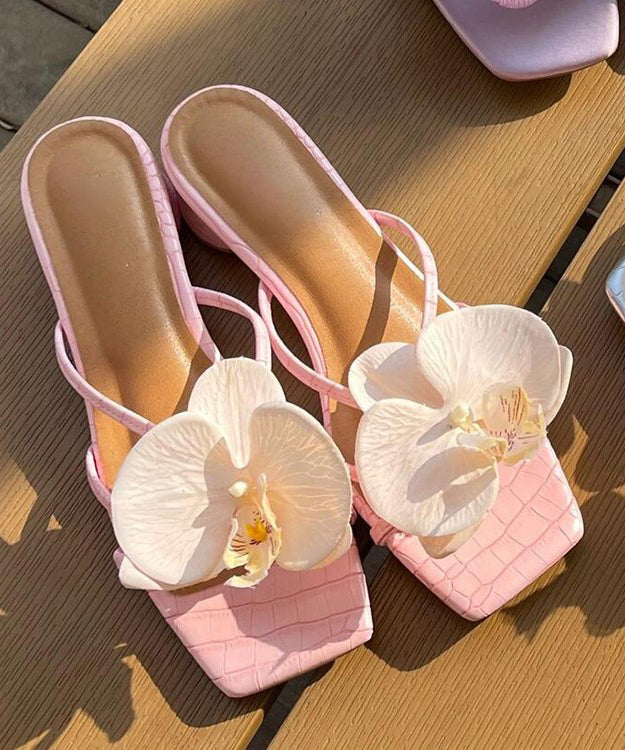 Pink Floral Splicing Chunky Slide Sandals Peep Toe
