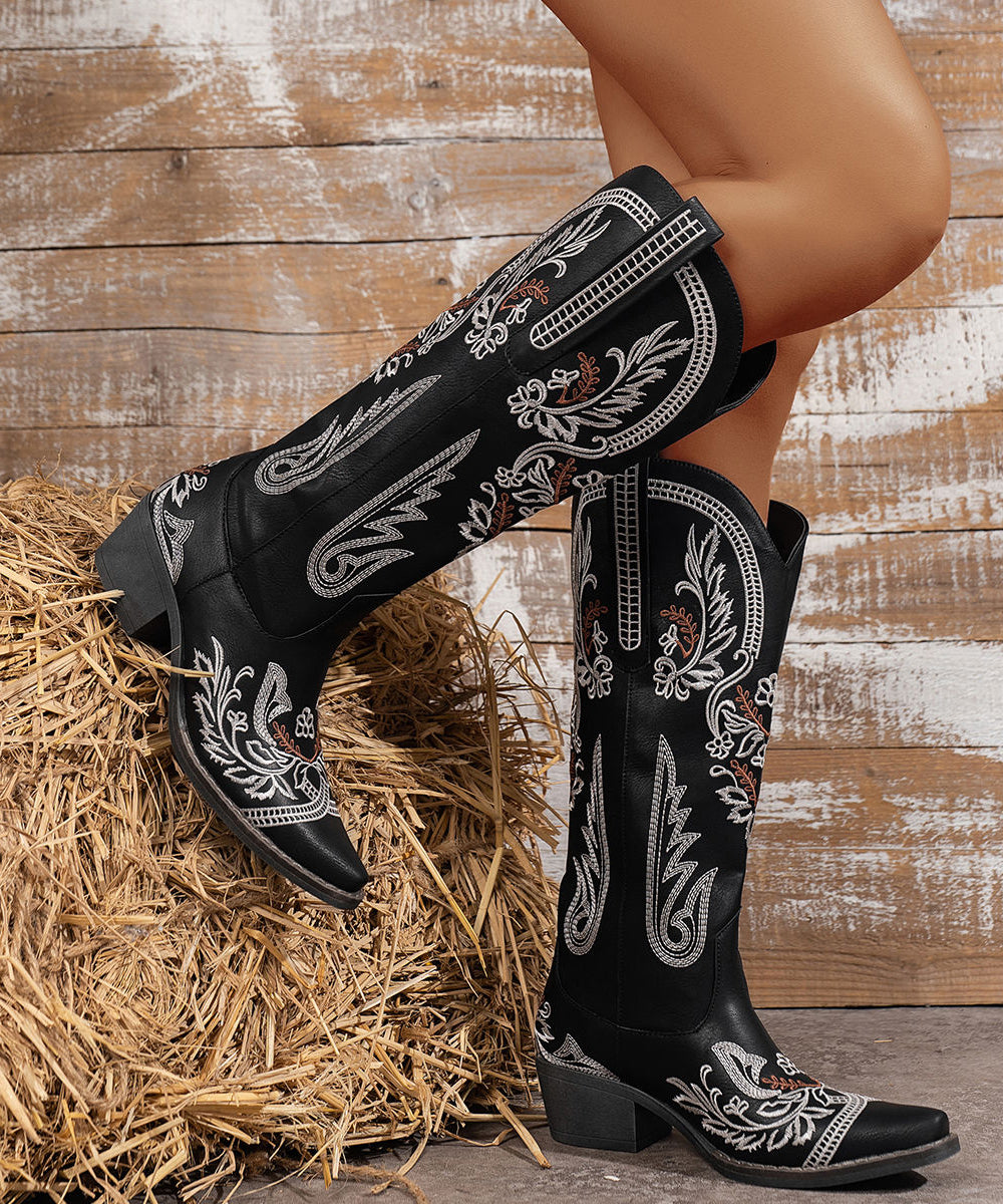 Chic Black Splicing Faux Leather Chunky Boots Embossed