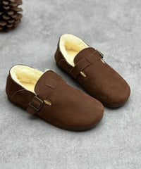 Coffee Cowhide Leather Flats Fuzzy Wool Lined Comfy Buckle Strap Flats