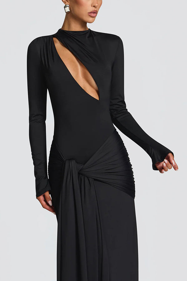 Cutout Fitted Long-sleeved Pleated Satin Ribbon Maxi Dresses