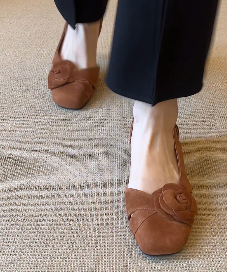 French Caramel Hollow Out Floral Suede Chunky Sandals