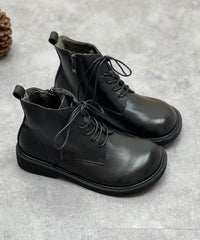 Coffee Boots Cowhide Leather Warm Fleece Beautiful Lace Up Boots